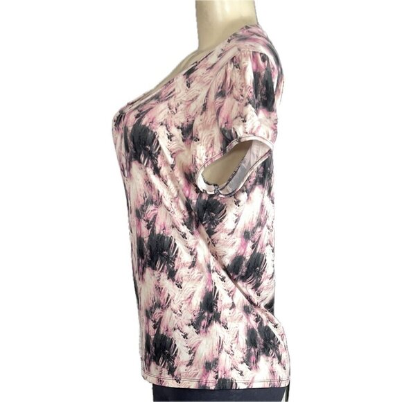 Worthington L Pink-Black-Cream Splash Print Scoop Neckline Short Sleeve Blouse - Picture 5 of 6
